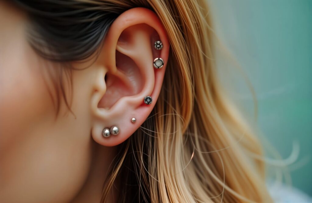 Piercing: velký průvodce druhy, bolestivostí a hojením 1 Detail ucha s piercingy helix a conch se stříbrnými šperky